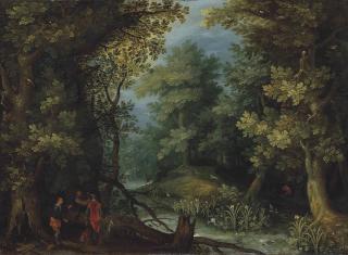 Jan Breughel I - Hunters With Hounds By A Stream In A Wooded Landscape