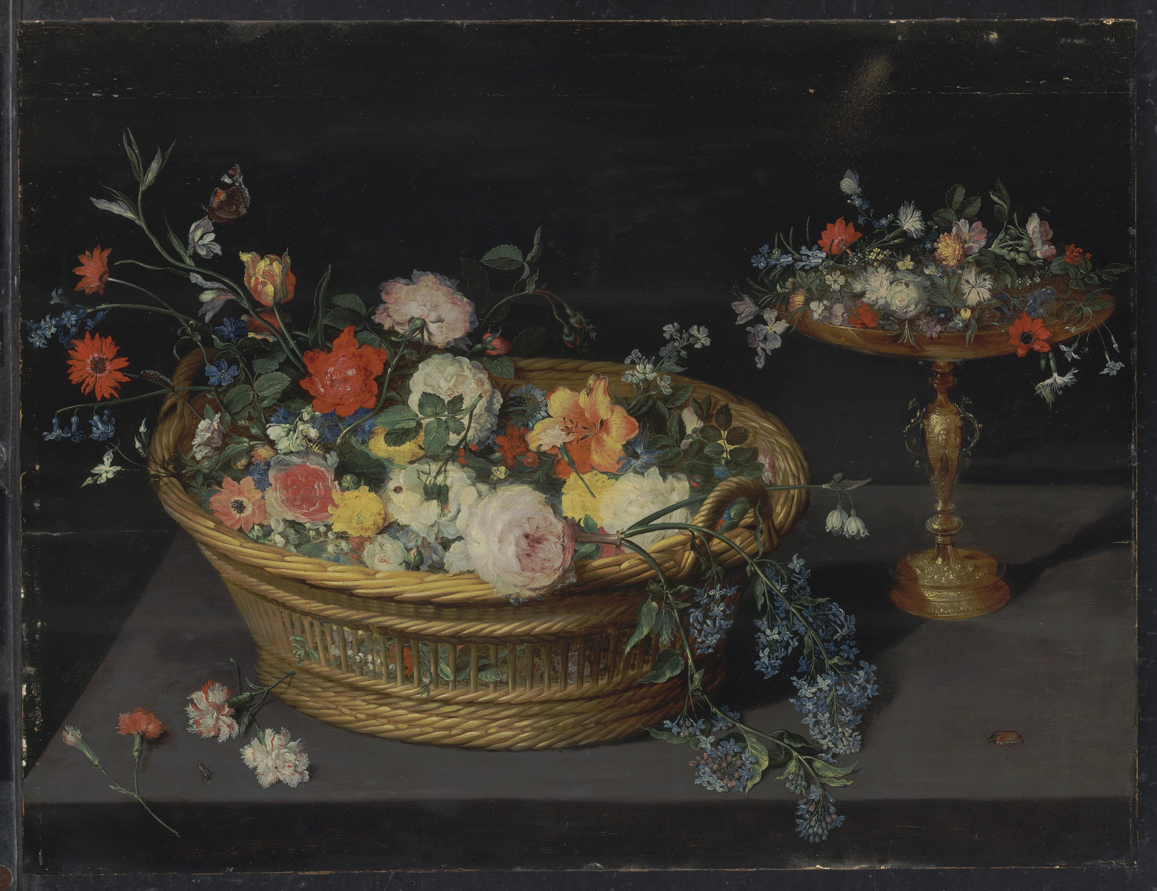 Jan Breughel Ii - A wicker basket of roses, peonies, tulips and other flowers with a silver gilt tazza and flowers and a butterfly and other insects on a stone ledge strewn with carnations
