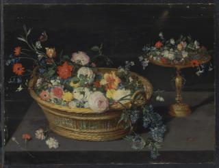 Jan Breughel Ii - A wicker basket of roses, peonies, tulips and other flowers with a silver gilt tazza and flowers and a butterfly and other insects on a stone ledge strewn with carnations