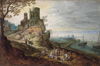 Jan Breughel II - An extensive Italianate coastal landscape with the Tempel of Sybil, fishmongers with their catch in the foreground and boats at a quay beyond