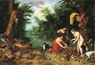 Jan Breughel II - Diana and her nymphs inspecting their catch after the hunt
