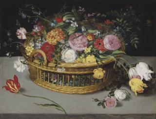Jan Breughel II - Roses, Tulips, Bluebells And Carnations In A Wicker Basket On A Stone Ledge