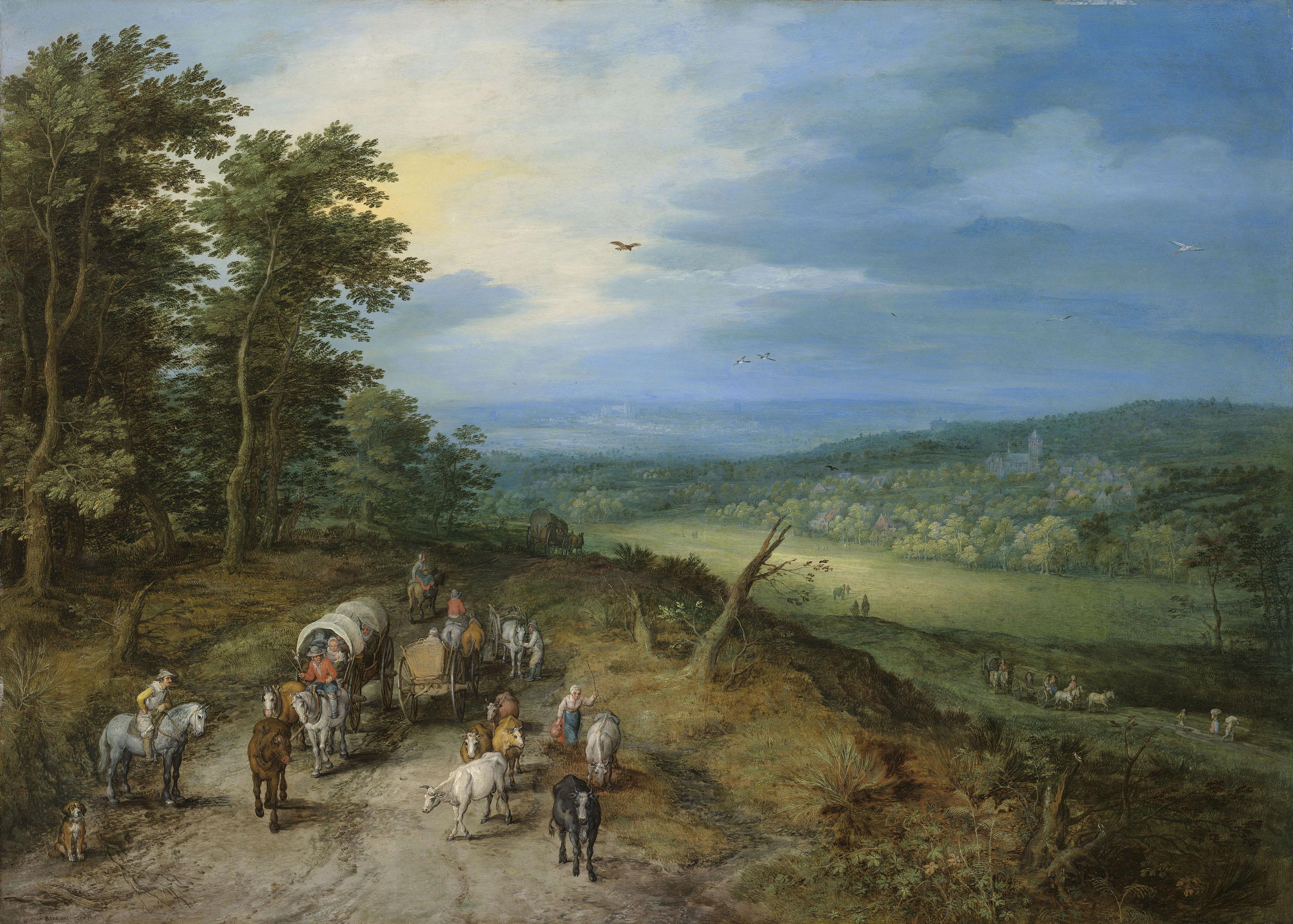 Jan Breughel, The Elder - An extensive wooded landscape with travellers on a road, a church in the distance