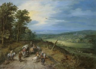 Jan Breughel, The Elder - An extensive wooded landscape with travellers on a road, a church in the distance