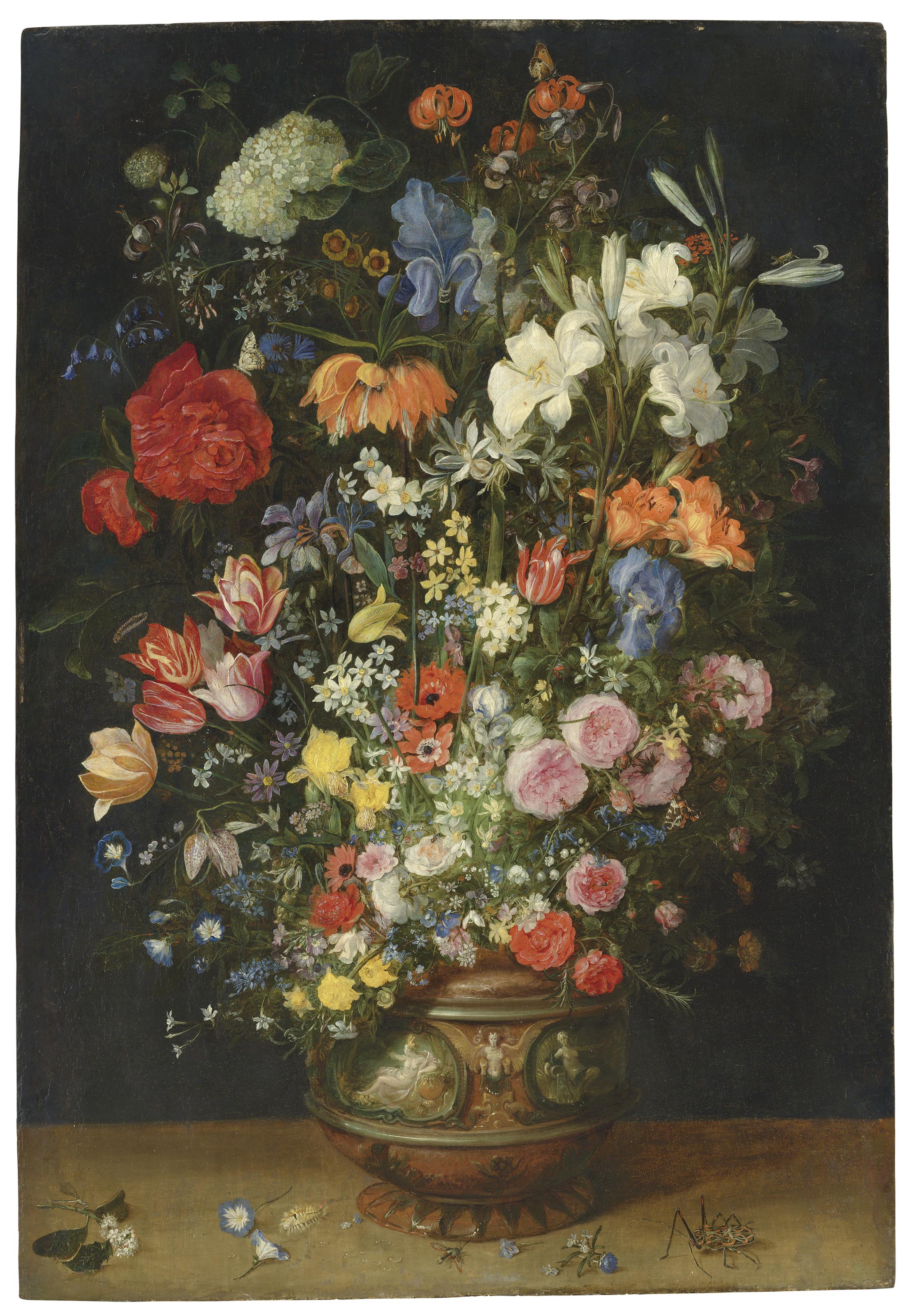 Jan Breughel, The Elder - Lilies, tulips, roses and other flowers in an ornamental vase on a ledge, with butterflies and beetles