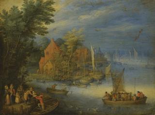 Jan Breughel The Younger - A Town On The Banks Of A Wide River With A Heavily Laden Ferry Approaching The Shore In The Forgeound