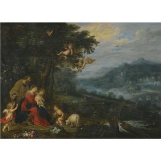 Jan Breughel The Younger - A Wooded River Landscape With The Holy Family And The Infant St. John The Baptist