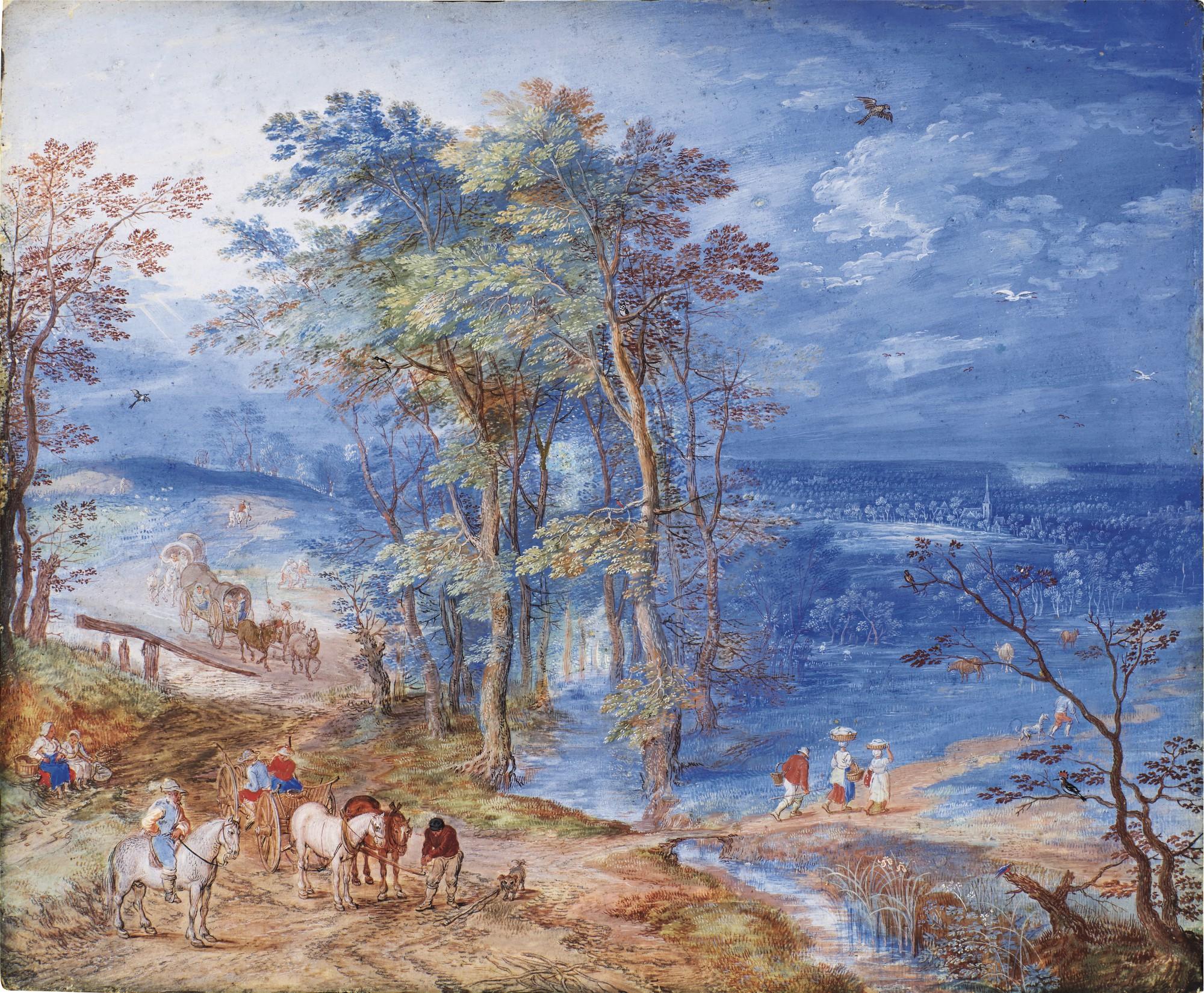 Jan Breughel The Younger - Panoramic landscape with Travellers and Wagons on a Road, a town in the distance