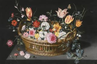 Jan Breughel The Younger - Still Life Of Flowers In A Basket On A Stone Ledge