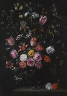 Jan Breughel The Younger - Still Life Of Tulips, Roses, Carnations, Irises And Other Flowers, In A Glass Vase On A Stone Ledge