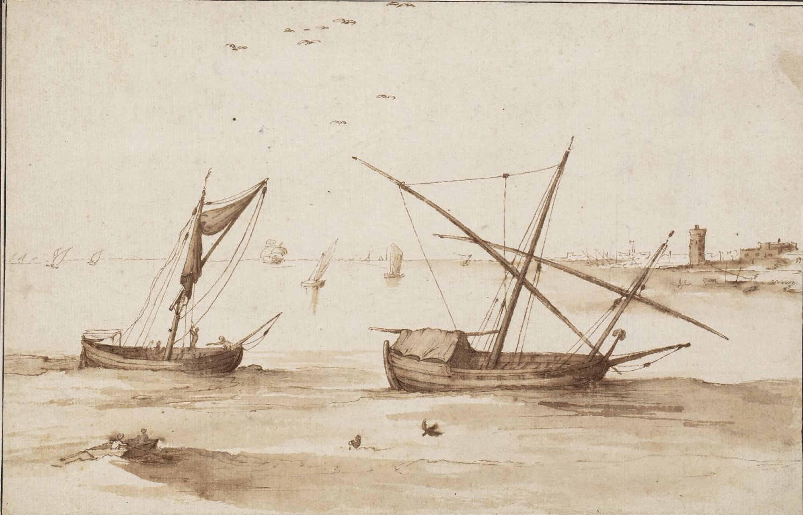 Jan Bruegel The Elder - Fishing vessels on a calm sea off a distant promontory