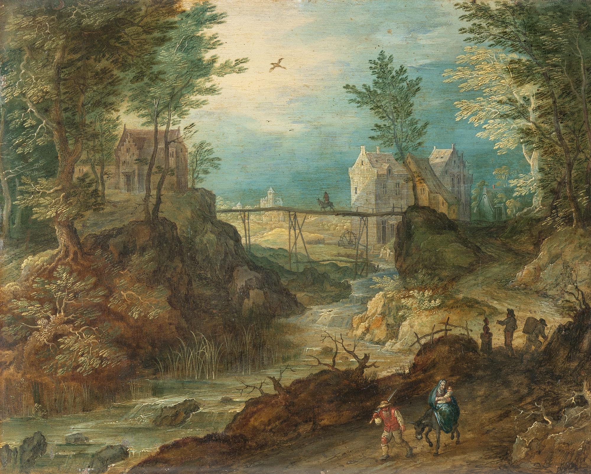 Jan Brueghel d. J. - Felsige Flusslandschaft mit Flucht nach Ägypten