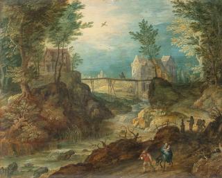 Jan Brueghel d. J. - Felsige Flusslandschaft mit Flucht nach Ägypten