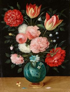 Jan Brueghel d. J. - Rosen- und Tulpenstrauß in einer chinesisischen Porzellanvase auf einem Goldfuß