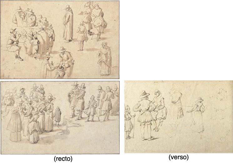 Jan Brueghel I - A fountain at Spa with studies of elegant figures taking the waters and of two monks and a priest; and An elegant company drinking spring water (recto), Five figures seen from behind, and another figure (verso)