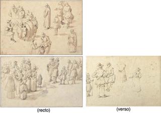 Jan Brueghel I - A fountain at Spa with studies of elegant figures taking the waters and of two monks and a priest; and An elegant company drinking spring water (recto), Five figures seen from behind, and another figure (verso)