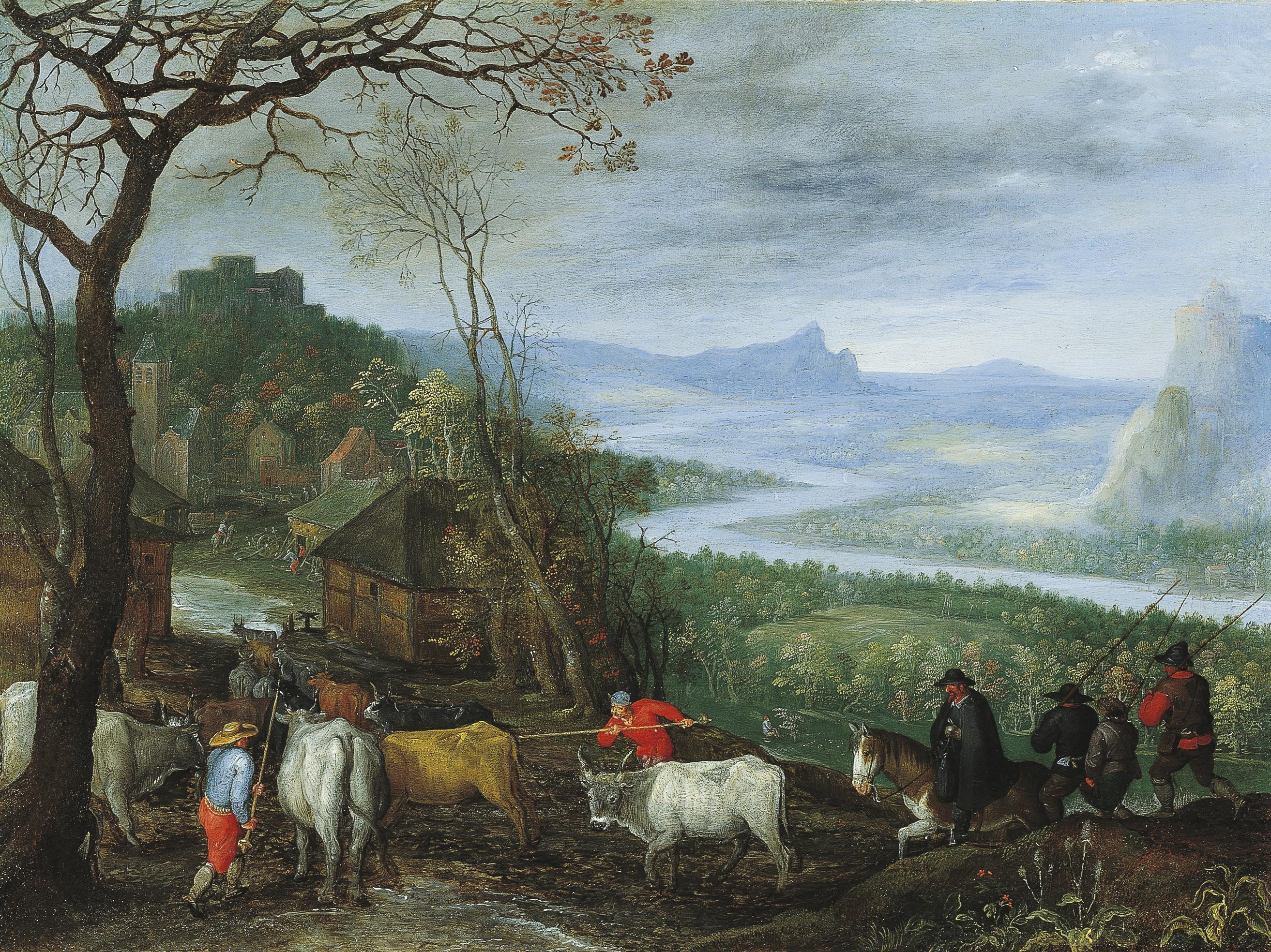 Jan Brueghel I - A Landscape With Herdsmen Driving Cattle To A Village