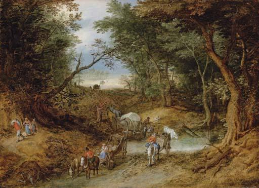 Jan Brueghel I - A wooded landscape with travellers on a path