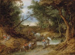 Jan Brueghel I - A wooded landscape with travellers on a path