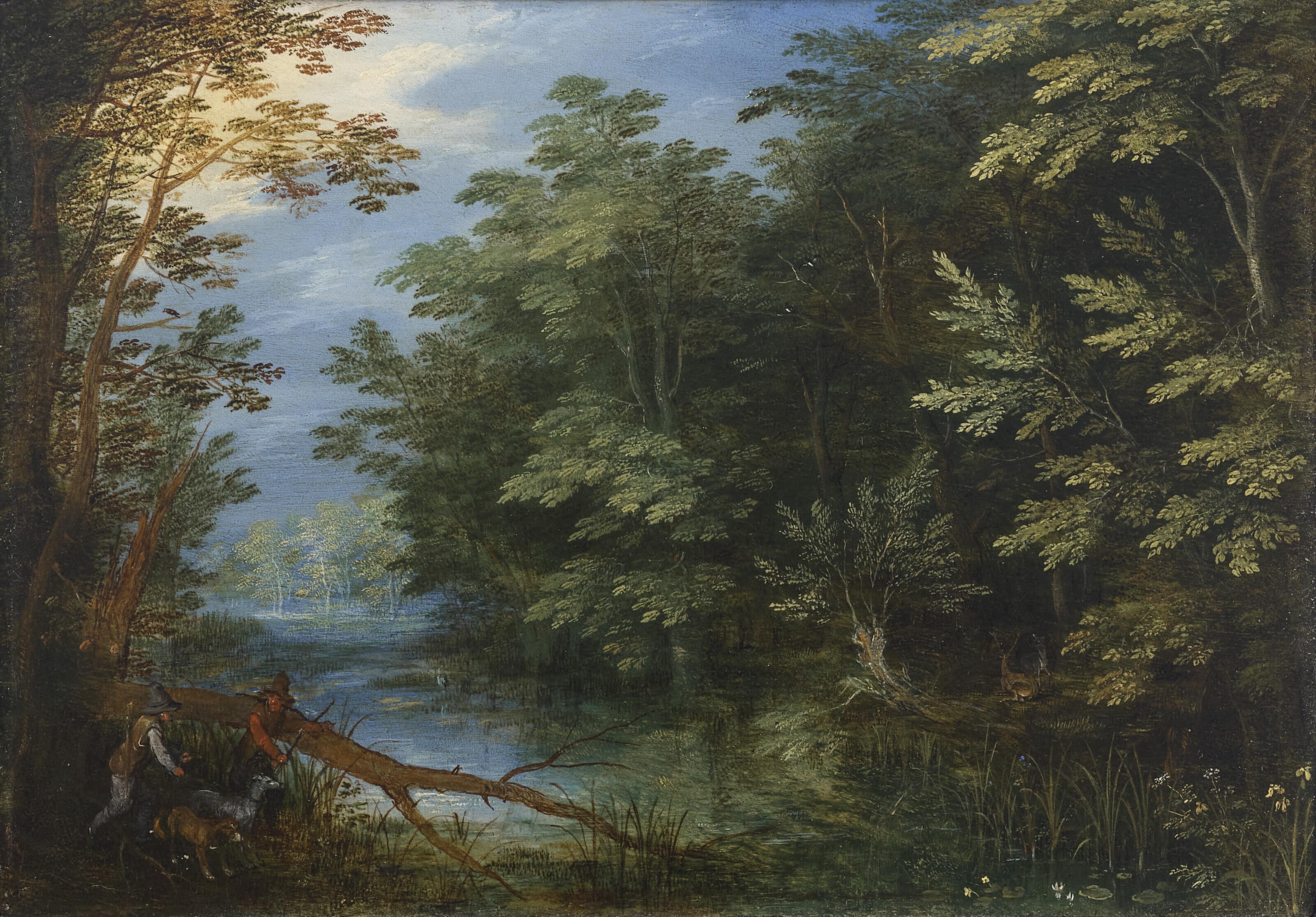 Jan Brueghel I - A Wooded River Landscape With Hunters