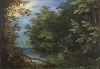 Jan Brueghel I - A Wooded River Landscape With Hunters
