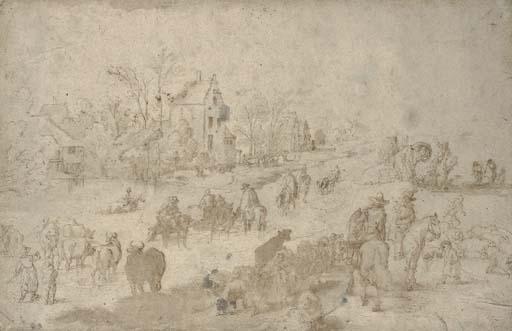 Jan Brueghel I - Travellers And Peasants With Sheep And Cattle By A Pond, A Village Seen Beyond