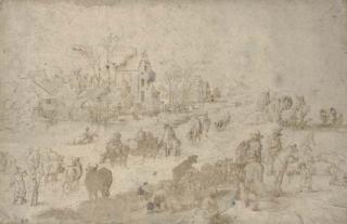 Jan Brueghel I - Travellers And Peasants With Sheep And Cattle By A Pond, A Village Seen Beyond