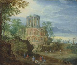 Jan Brueghel II - A coastal  capriccio  of the Temple of the Sybil at Tivoli with fishermen selling the day’s catch on the shore