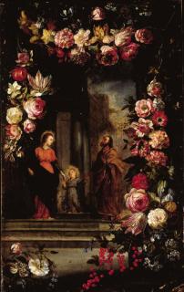 Jan Brueghel II - A garland of flowers surrounding The Holy Family