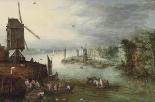 Jan Brueghel II - A river landscape with a ferry crossing near a windmill, a village beyond