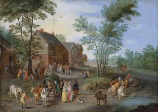 Jan Brueghel Ii - A Village Landscape With Figures And Cattle On A Path