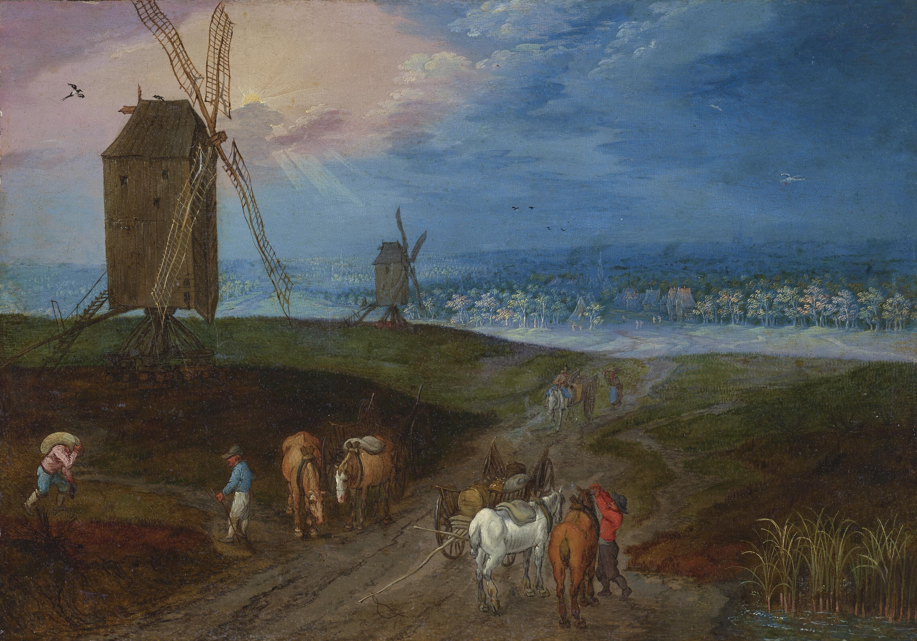 Jan Brueghel II - An extensive landscape with travelers before a windmill
