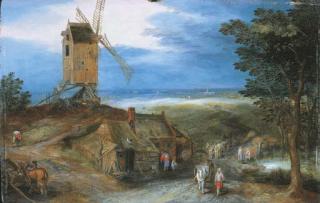 Jan Brueghel II - An extensive landscape with travellers passing a cottage and a miller on his way to a windmill, a town beyond