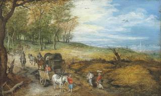 Jan Brueghel II - Travelers With Carts And A Wagon On A Country Road, A City Beyond