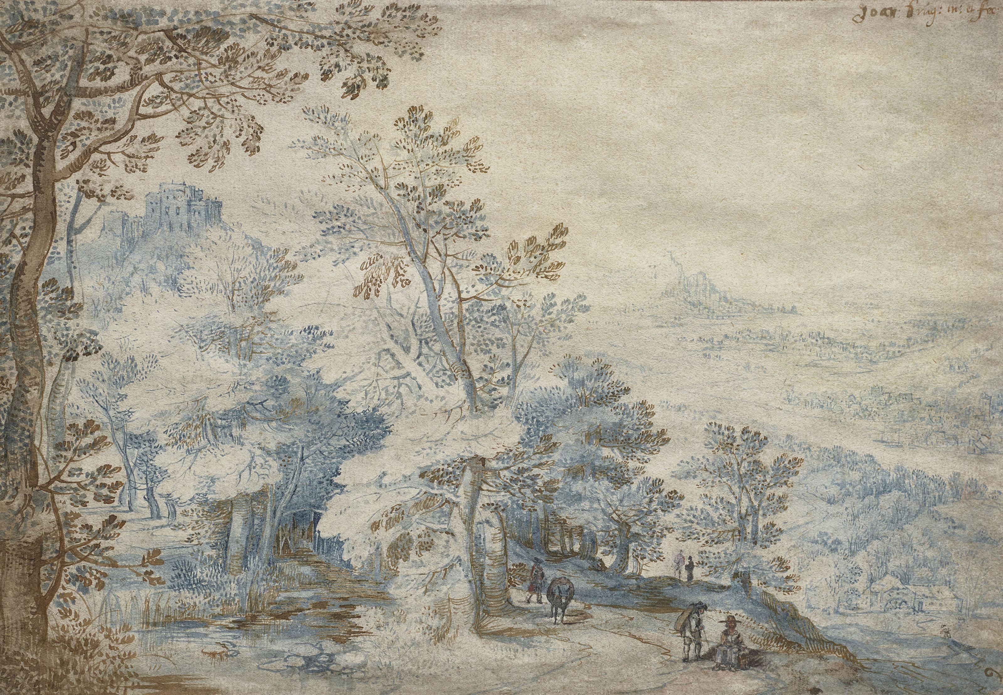 Jan Brueghel L\'Ancien - Voyageurs dans une forêt avec vue sur un château et une large vallée