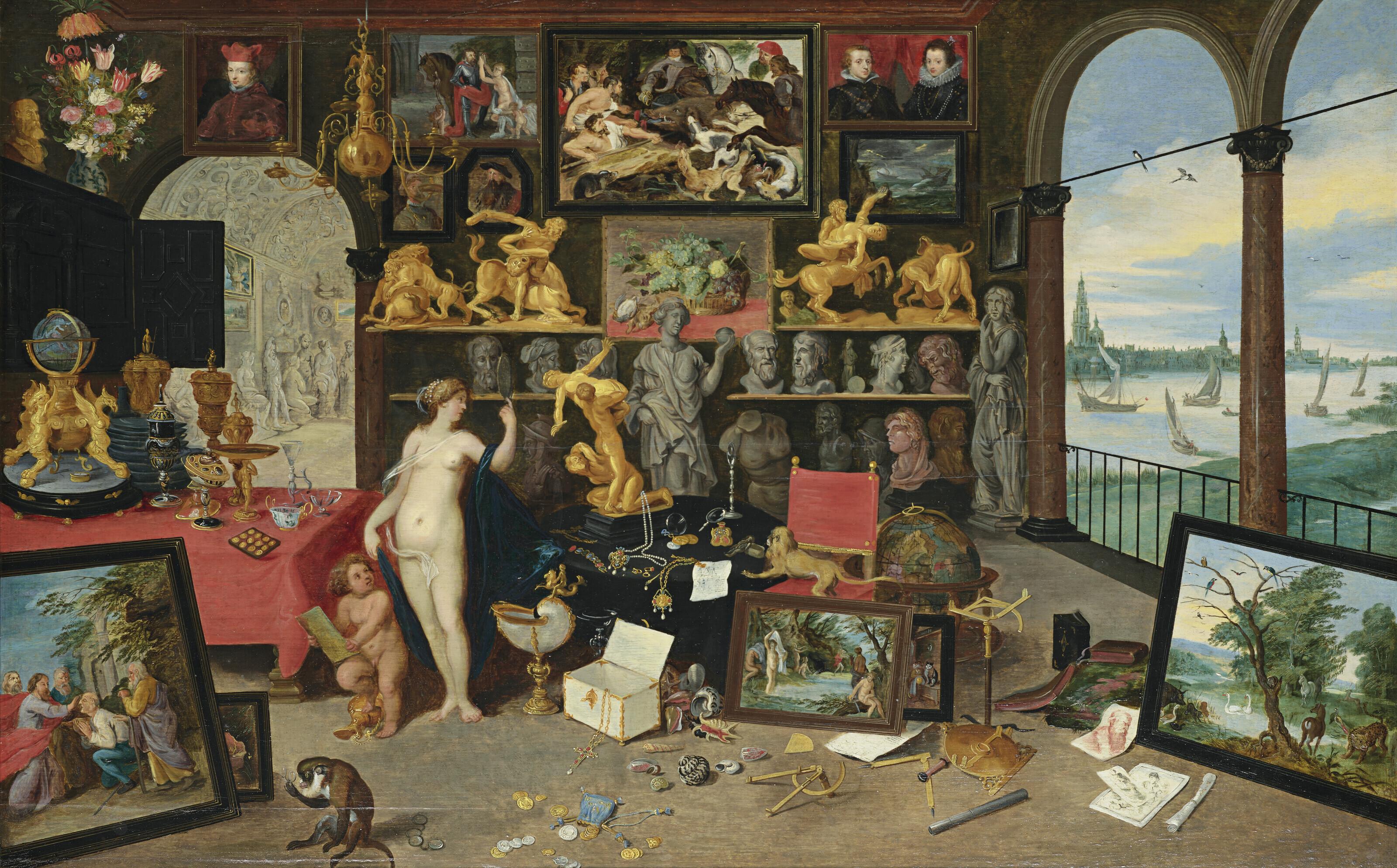 Jan Brueghel Le Jeune - Allégorie de la vue : Vénus et Cupidon dans une galerie de tableaux, une vue sur Anvers à l\'arrière-plan