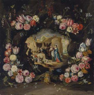 Jan Brueghel Le Jeune - La Tentation De Saint Antoine Dans Une Guirlande De Fleurs