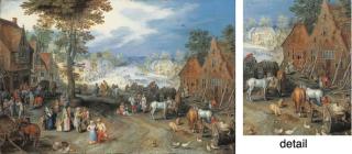 Jan Brueghel le Jeune - Une place de village animée, avec un canal à l\'arrière-plan