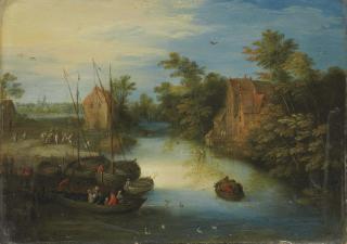 Jan Brueghel Le Jeune - Villageois chargeant leurs barques au bord d\'un ruisseau