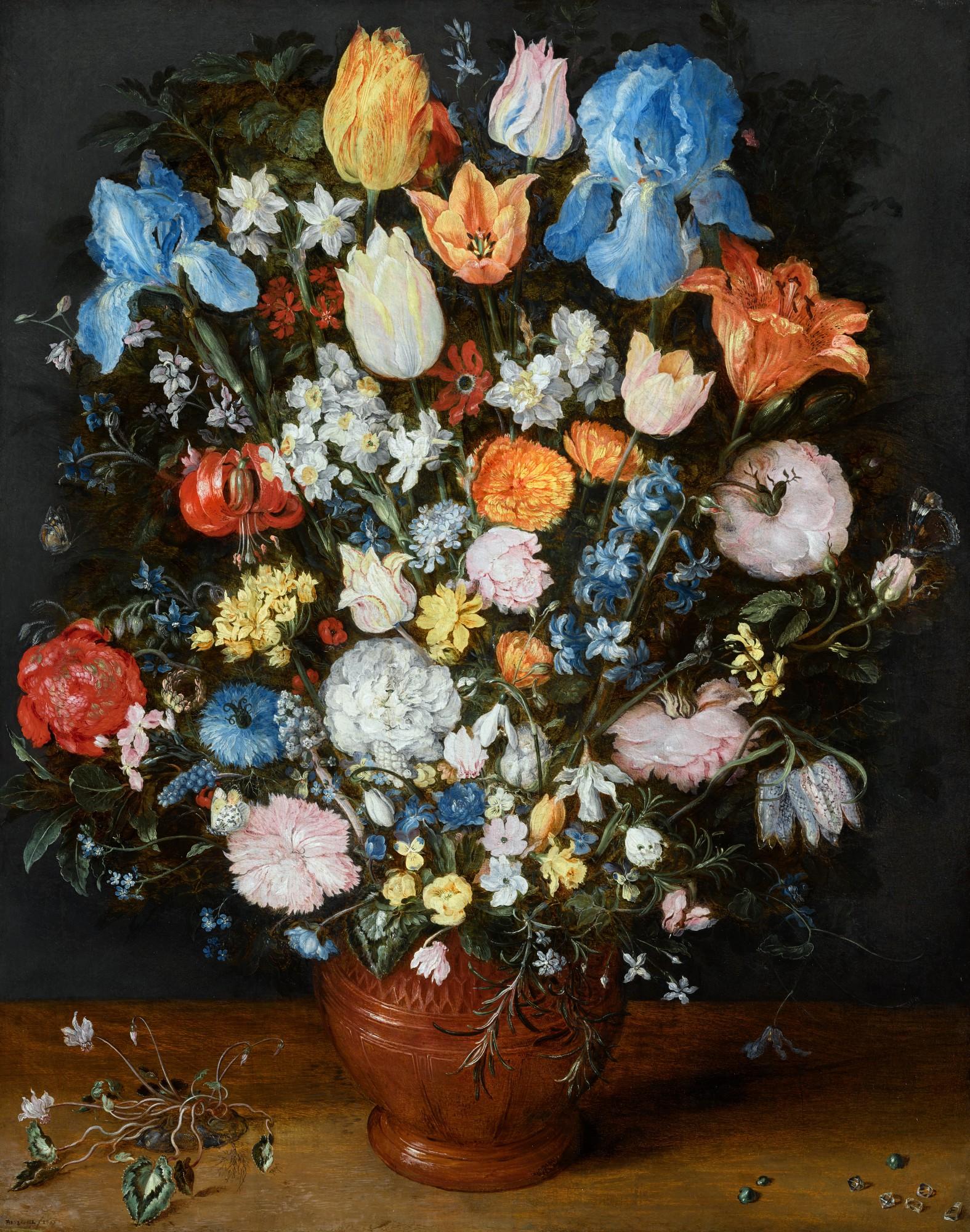 Jan Brueghel the Elder - A lavish still life of many flowers in a terracotta vase resting on a wooden ledge, flanked by a clump of cyclamen and scattered diamonds and sapphires