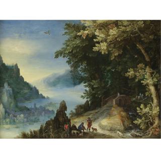 Jan Brueghel the Elder - A Mountainous River Landscape With Travellers On A Hill Overlooking A Distant Town