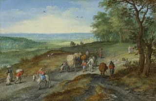 Jan Brueghel The Elder - A Panoramic Landscape With A Covered Wagon And Travelers On A Highway