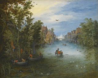 Jan Brueghel The Elder - A River Running Through A Small Town, With A Cattle Ferry On The Water And Rowing Boats Setting Off From The Left Bank