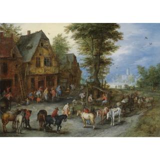 Jan Brueghel The Elder - A Village Landscape With Horses, Carts And Figures Before Cottages