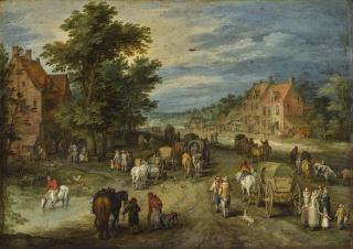 Jan Brueghel The Elder - A Wide Village Street In Summer With Carts, Villagers And Gentlefolk