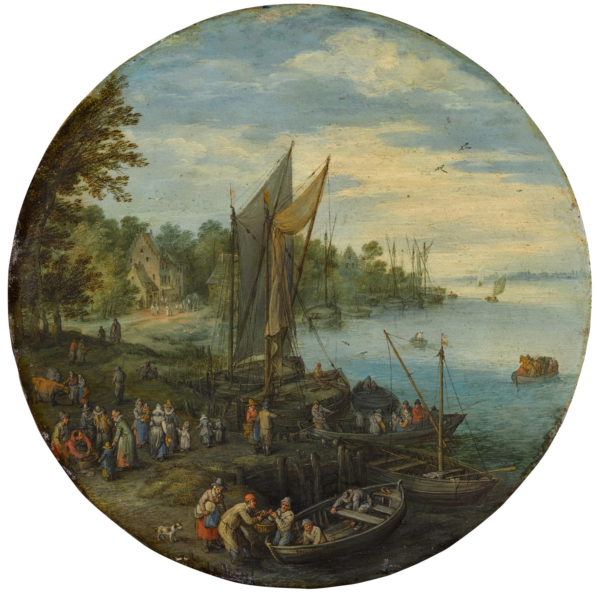 Jan Brueghel the Elder - A wooded estuary with a ferry and fishermen selling their catch