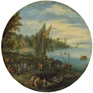 Jan Brueghel the Elder - A wooded estuary with a ferry and fishermen selling their catch