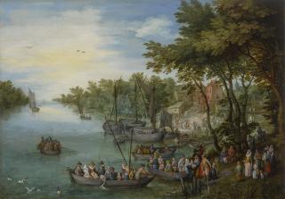 Jan Brueghel The Elder - A Wooded River Landscape With A Landing Stage, Boats, Various Figures And A Village Beyond