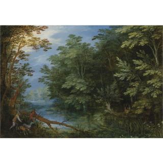 Jan Brueghel the Elder - A Wooded River Landscape With Sportsmen