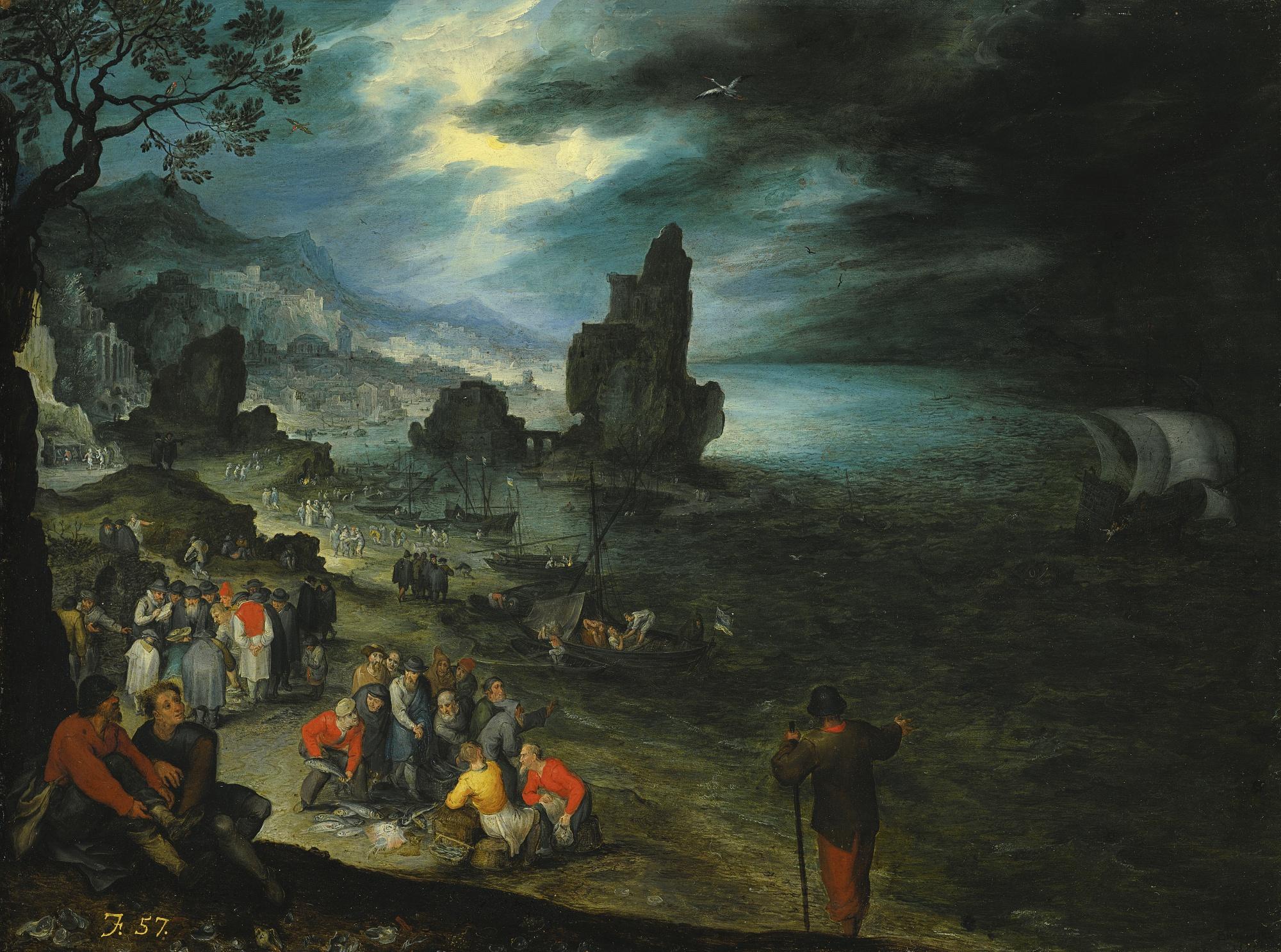 Jan Brueghel The Elder - An Extensive Coastal Landscape With Fishermen Landing And Selling Their Catch, Jonah Being Cast Overboard Offshore